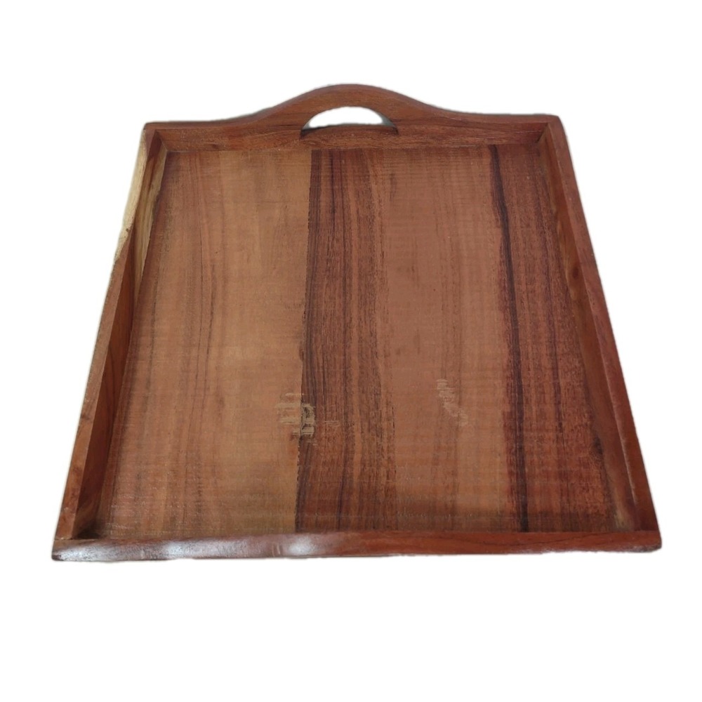 Square Wooden Serving Tray with Handles Reddish Brown Heavy Home Decor 14 x14"